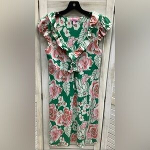 Lily Pulitzer Green, coral, pink floral, V-neck short sleeve silk midi dress